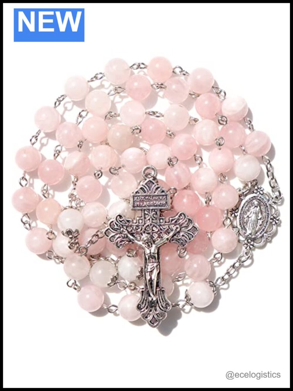 Natural Crystal Rosary Beads Catholic Chaplet Necklace 24.4" Cross